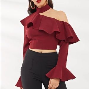 Cut out shoulder flounce fold over front top